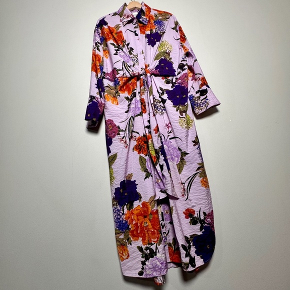 H&M Tie-Front Lavender Purple Floral Shirt Dress Sz M - Picture 1 of 8
